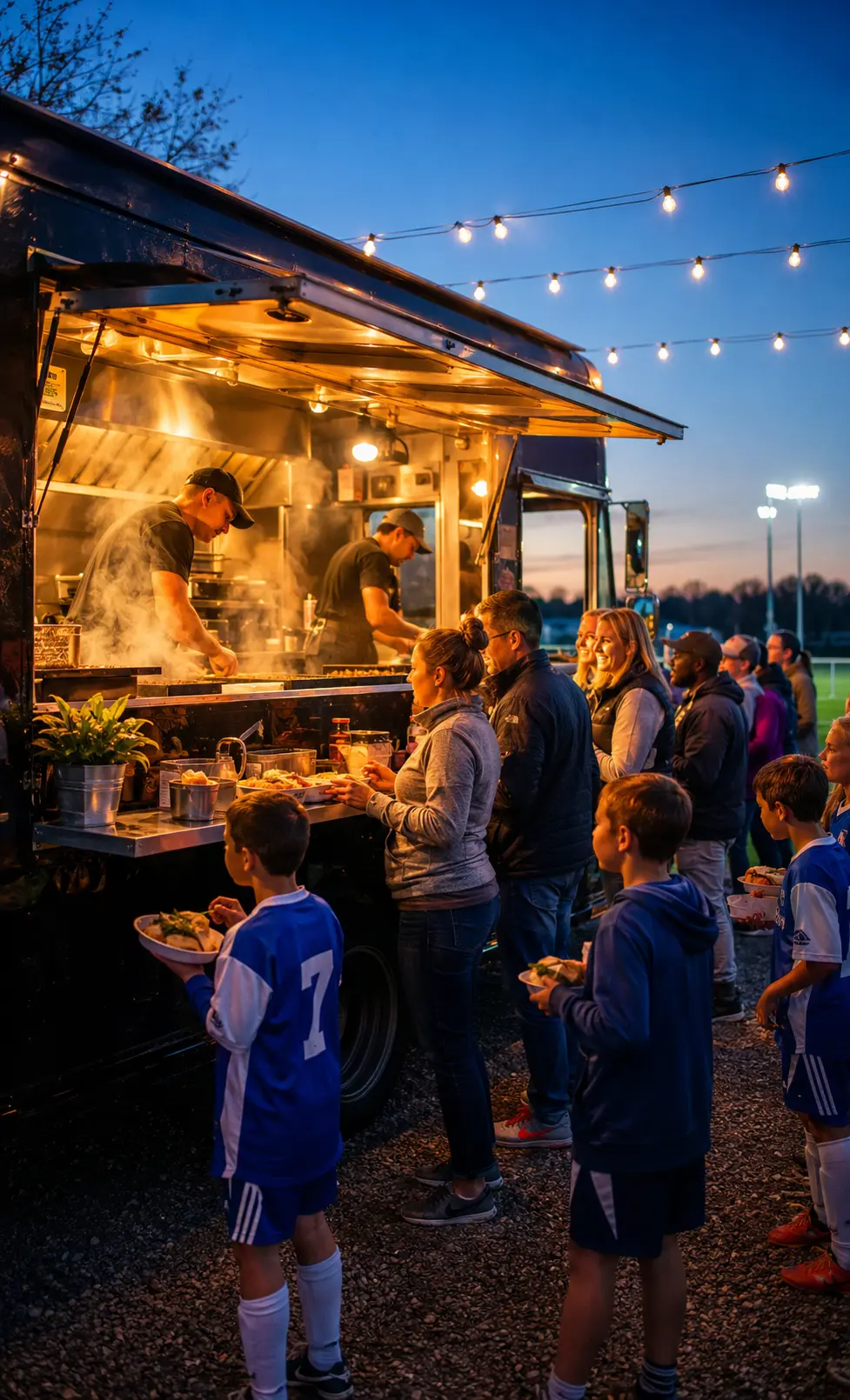 Food truck serving families and young athletes at Destination KP at dusk